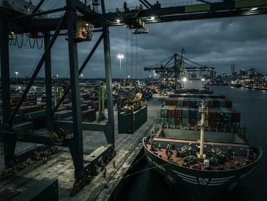 Stark high-contrast industrial shot of a container ship being loaded at a modern seaport terminal, crisp lighting, deep charcoal and green tones