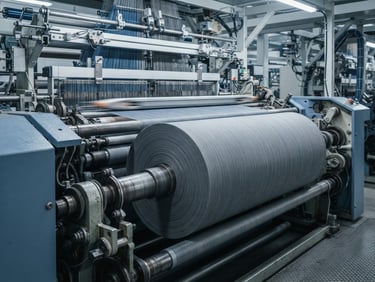 Clean industrial photography of fabric roll spinning on high-speed automated loom, bright neutral studio lighting, cool blue and gray tones