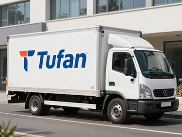 Medium shot of a clean white Tufan-branded moving truck parked on a modern street, bright daylight, professional logistics photography