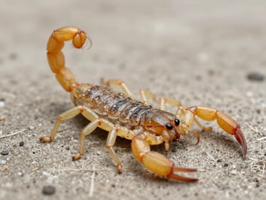 Macro shot of a yellow scorpion on a dry concrete floor, clear clinical focus.