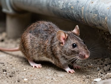 Clinical close-up of a brown rat near a structural foundation pipe, bright daylight.