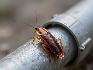 Macro photograph of an American cockroach near a drainage pipe, clinical lighting, high detail