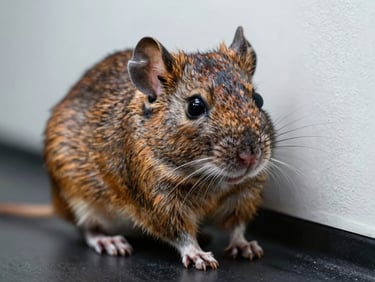 Authoritative macro photograph of a rodent in a dark foundation corner, sharp focus on eyes, clinical lighting