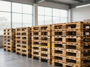 Clean modern warehouse interior with organized pallets, bright daylight from high windows, sharp focus.