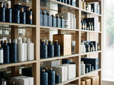 Clean, bright, natural light environmental shot of structured retail shelves with organized premium packaged goods, sharp focus, 35mm lens.