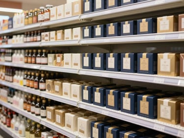 Medium-wide shot of organized retail grocery shelves with premium artisanal products, bright natural daylight, soft shadows.