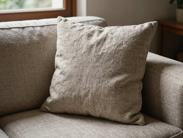 Close-up documentary shot — a linen sofa cushion in a real Pune living room, natural daylight from a window, fabric texture visible, no people, no staging