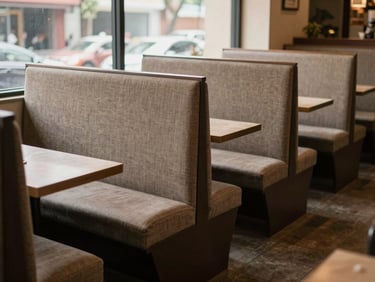 Wide shot — fabric booth seating in a real Pune restaurant interior, natural daylight through a window, empty seats, honest documentary framing with no lifestyle staging