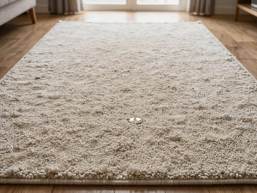 Wide overhead shot — a wool area carpet on a real home floor in bright daylight, a drop of liquid sitting on the surface mid-bead before absorption, no styling props