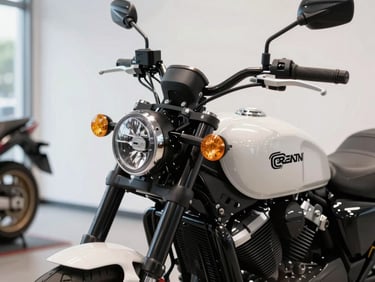 Brand-new motorcycle on a showroom floor under bright even lighting, handlebars and headlight in sharp focus, side profile showing pristine factory paint, cool white background