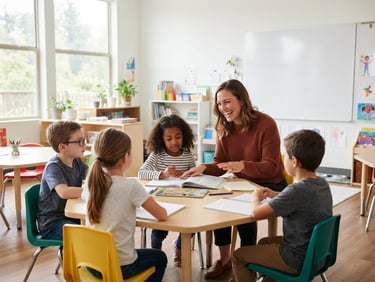 Bright modern classroom filled with natural daylight, a teacher interacting with students, clean whiteboard, high-key editorial photograph, 35mm