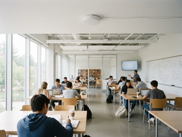 Bright modern classroom filled with natural daylight, a low-profile sensor mounted on a clean white ceiling, soft shadows, 35mm