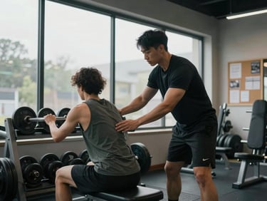 Medium shot of a fitness studio instructor adjusting a client's form near a rack of free weights, overcast daylight through large front windows, a small independent gym with painted walls and a community bulletin board in the background