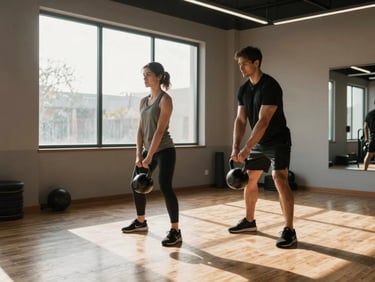Wide shot of a small independent fitness studio, a trainer guiding a single client through a kettlebell movement near the front window, morning light casting long shadows across the wood floor