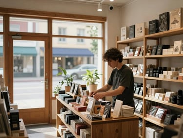 Wide shot inside a small independent retail shop, a store owner arranging products on a wooden shelf, warm natural light from a street-facing window, neighborhood exterior visible through glass, shelves of neatly organized goods in the background