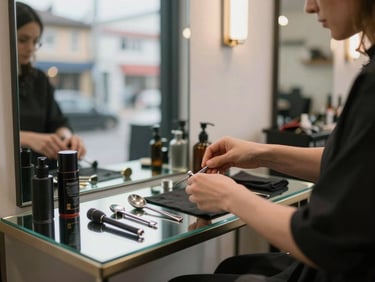 Medium shot of a salon owner arranging tools on a mirrored station, overcast daylight through a street-facing window, tidy neighborhood salon interior in the background