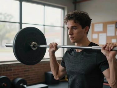 Close-up of a fitness instructor adjusting a barbell in a small local gym, afternoon light through high windows, community bulletin board visible on the brick wall behind