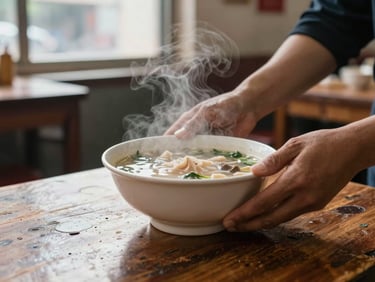 Close-up of hands placing a ceramic bowl of soup on a worn wooden restaurant table, steam rising, natural afternoon light through a window nearby, a casual neighborhood diner setting in soft focus behind