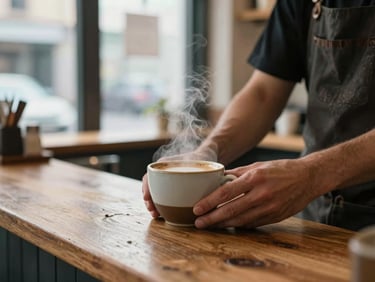 Close-up of a barista's hands placing a ceramic cup on a worn wooden counter at a small neighborhood coffee shop, soft overcast morning light through a front window, steam rising from the cup