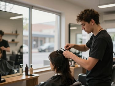 Medium shot of a neighborhood hair salon interior, stylist trimming a customer's hair near a window, late afternoon natural light, mirrors and simple wooden shelving in the background