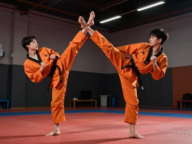 Dynamic sports photography of adult taekwondo practitioners executing a synchronized kick, high-contrast indoor gym lighting, intense orange and deep charcoal accents, 35mm.