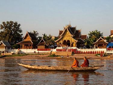 Wide environmental shot of Luang Prabang at golden hour, a wooden pirogue on the Mekong in the foreground, monks' robes drying on a riverside wall, low warm light across the water, human scale