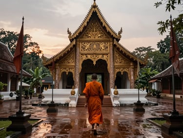 Wide environmental frame, overcast daylight on a Chiang Mai temple courtyard at dusk, a single saffron-robed monk walking away from camera toward an open doorway, stone flags wet from recent rain, muted warm tones