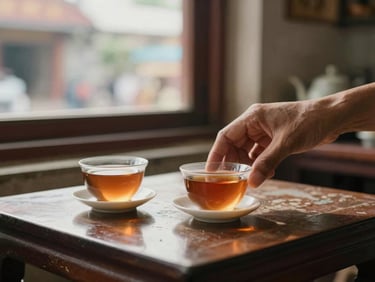 Close-up of a Burmese tea shop interior, two ceramic cups of tea on a low lacquered table, a hand reaching in from the right, window light falling across the cups, warm amber tones, overcast daylight outside