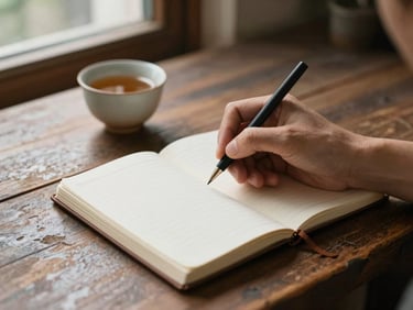 Close-up of a hand writing in a travel notebook on a worn wooden table, a small ceramic cup of tea beside it, soft window light from the left casting gentle shadows, intimate and unhurried, no text visible