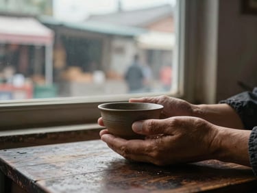 Close environmental frame, morning window light falling across two weathered hands cradling a small clay tea bowl on a dark wood table, a blurred market stall visible through the window behind, natural overcast daylight, intimate and still