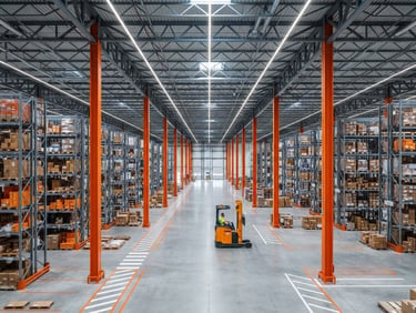 Wide-angle architectural perspective of a massive clean warehouse interior, cool steel tones with high-contrast safety-orange structural columns, sharp lighting