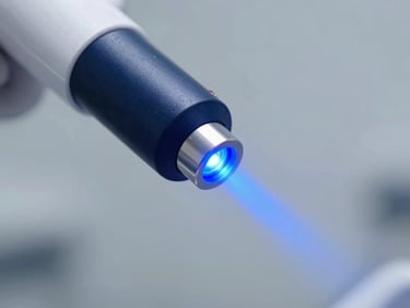 A precision laser dental tool emitting a focused blue light beam in a sterile, high-tech clinical environment, macro photography