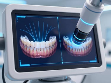 A futuristic dental treatment simulator screen showing a side-by-side comparison of jaw alignment, glowing blue vector lines, macro lens