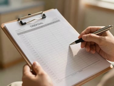 Warm editorial shot of hands holding a printed hospital ledger and a pen, soft natural light, shallow depth of field, focusing on the transparent ledger details