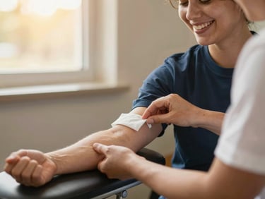 Close-up of a volunteer smiling warmly during a blood donation, soft golden-hour light filtering through a window, focus on hands-on care and community connection