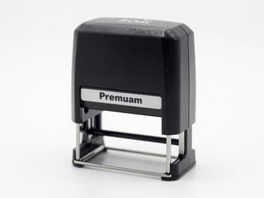 Macro close-up of a premium self-inking stamp mechanism on a clean white desk, sharp focus, bright studio lighting, 50mm