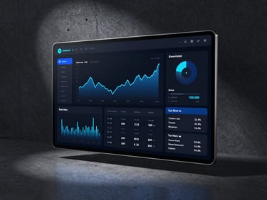 High-fidelity UI design showcase of a dark mode financial dashboard on a sleek screen, sharp metallic edges, neon blue accents, dark concrete studio setting, dramatic side light.