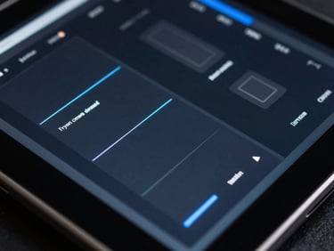 Close-up of a dark glassmorphic digital interface with subtle blue light refractions, razor-sharp UI elements, high-contrast studio lighting.