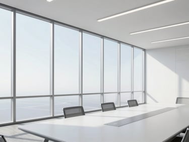 Clean minimalist corporate conference room, large glass windows, bright daylight, organized and dust-free
