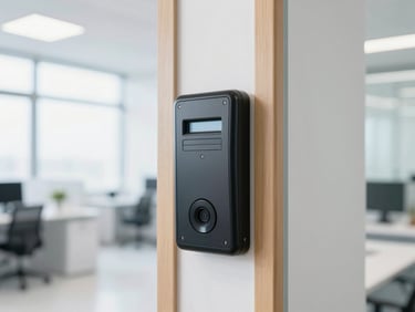 A close-up of a professional security access card reader on a clean wooden frame, sharp focus, bright natural side lighting, pristine modern office interior background