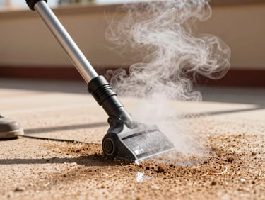 Steam rising from a professional carpet cleaning wand extracting dirt from a high-traffic commercial carpet, sharp action shot, 35mm