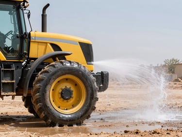 A high-pressure hot water stream washing off heavy grease and mud from a yellow construction tractor wheel, water spraying, vivid tones, 35mm