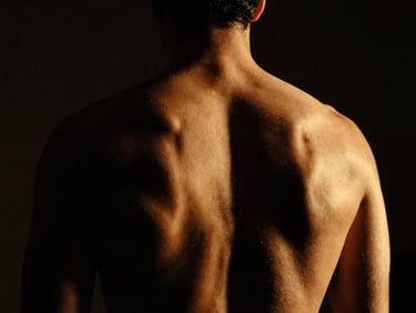 Low-key, high-contrast shot of a muscular back in deep shadow, dramatic lighting, warm golden highlights, cinematic 35mm film.