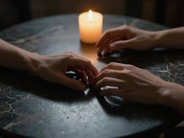 Intimate close-up of two hands almost touching over a dark marble table, warm candlelight, dramatic shadows, moody editorial photography.