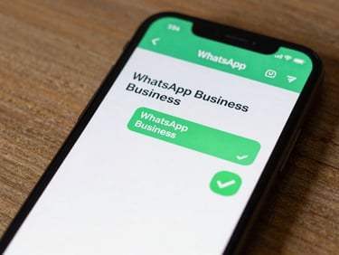 Close-up of a mobile phone screen showing a WhatsApp Business verified chat thread with a brand message and delivery checkmarks, bright even studio light, UI text legible at reading scale