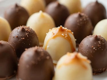 Close-up macro de balas de coco com cobertura de chocolate e outras com coco queimado, dispostas lado a lado, mostrando a diferença de textura e cor, com luz natural.