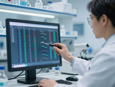 A close-up shot of a clinical scientist in a sterile laboratory environment, analyzing metabolic data on a high-resolution screen, cool blue and white ambient lighting, professional depth of field
