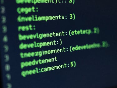 Macro close-up of clean development code on a dark monitor with neon green syntax highlighting, cool-toned screen-glow, sharp focus.