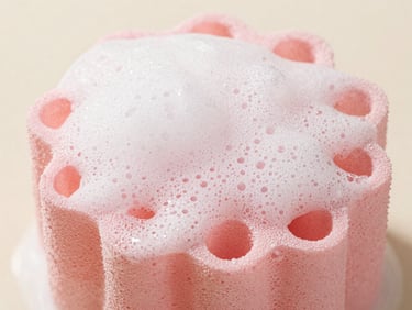 Close-up of a pink loofah and foaming cleanser in a dewy shower, soft morning light, 35mm