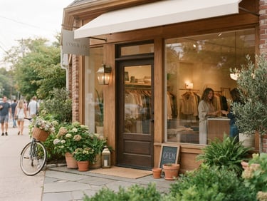 Warm, natural window-lit portrait of the Shop Lyss & Lin Smithtown headquarters exterior, soft light, inviting entrance, subtle branding.